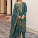 Teal Green Gold Embroidered Suit